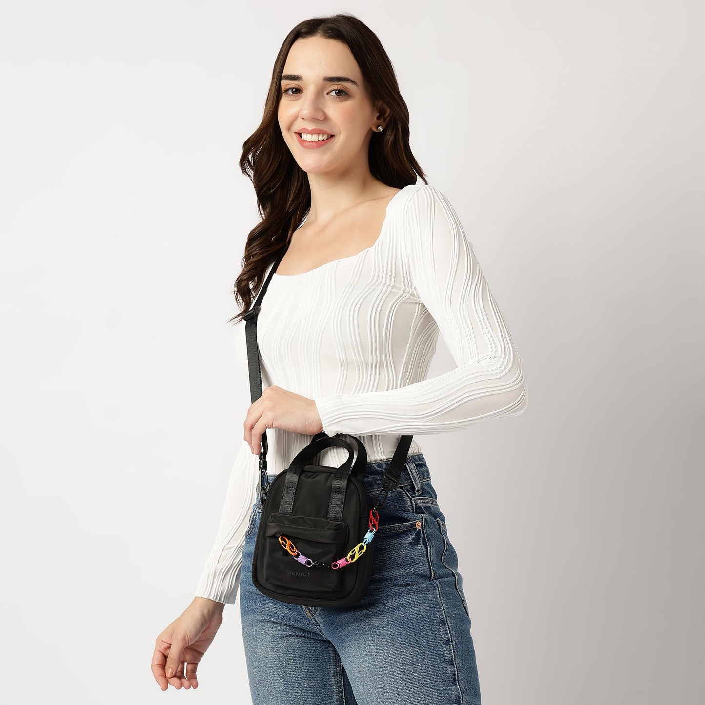 Fastrack Nylon Sling Bag for Women with Bright Chain Detail | Lightweight Crossbody with Zipper Closure, Front Pocket, Detachable Strap | Stylish Everyday Sling for College, Errands, Streetwear Looks