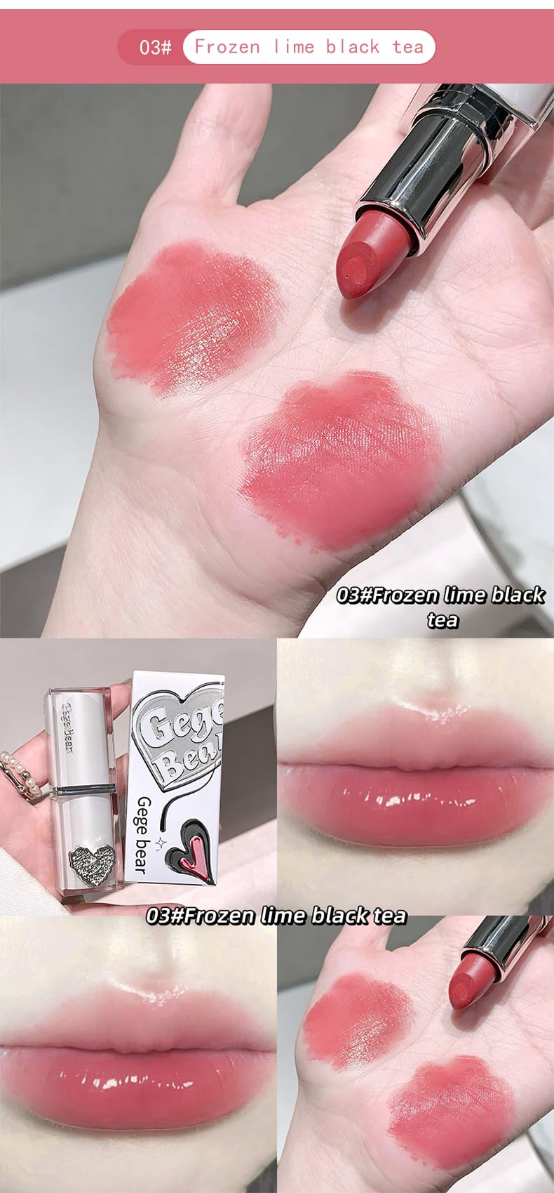 Gege Bear Crystal Clear Love Sandwich Lipstick for Women | Glossy Mirror Shine | Moisturizing, Lightweight & Non-Sticky Formula | Love-Tinted Colors that Glide Like Butter | 6 Irresistible Shades to Steal the Spotlight | (02# Light Rose, 3.8g)
