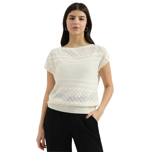 United Colors of Benetton Boat Neck Textured Top (Size: M)-25P1194D10AGG074 Cream