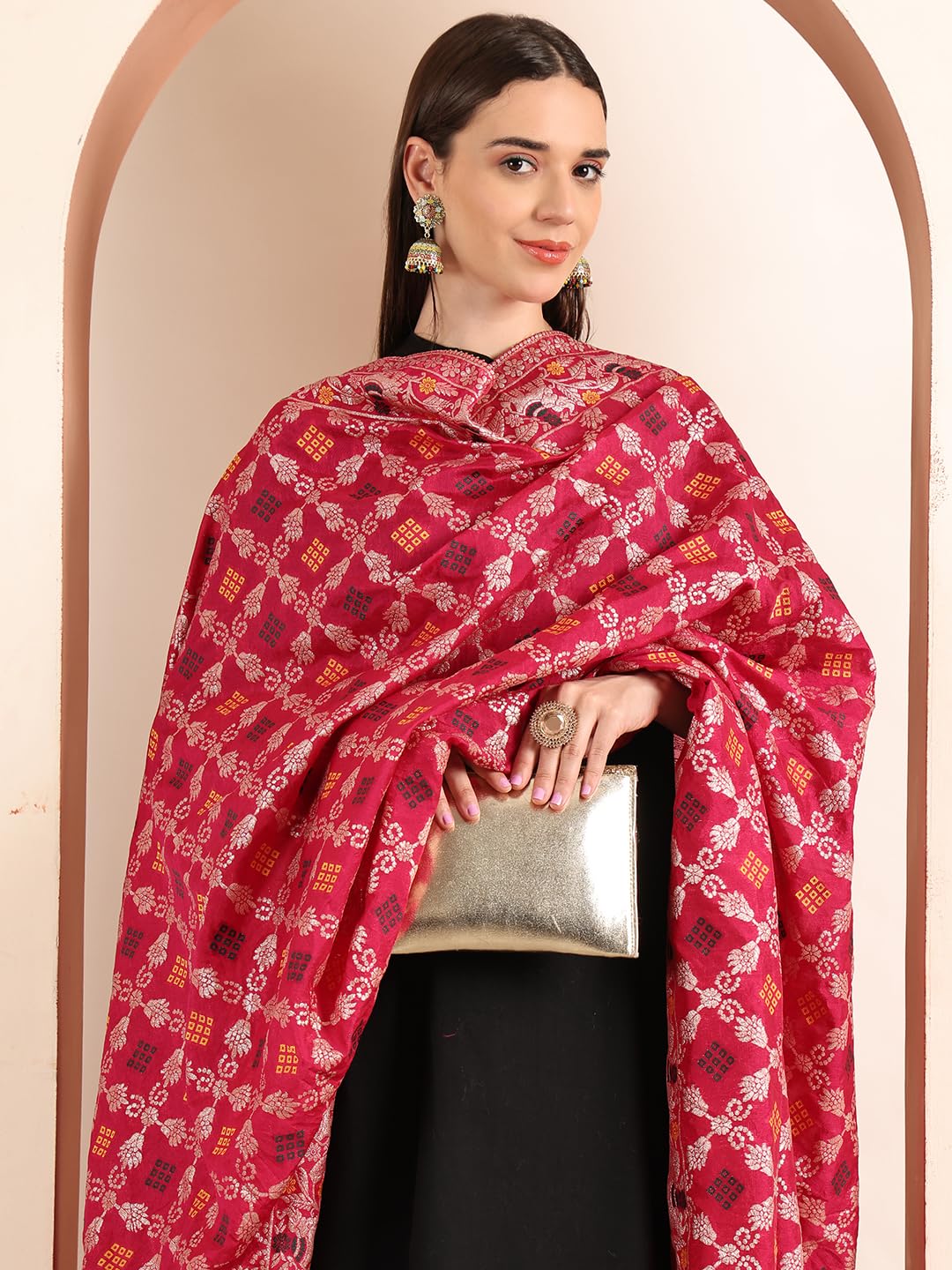 JABAMA Women's Banarasi Silk Bandhej Dupatta | Hand Tie-Dye Traditional Ethnic Dupatta