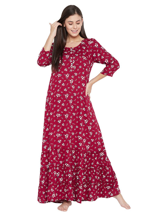 Clovia Women's Cotton Maxi Casual Regular Nightgown (NS1359P09XL_Maroon_XL)