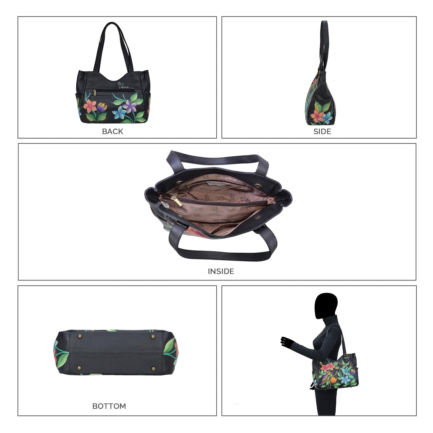 Anna by Anuschka Women's Genuine Leather Shoulder Bag - Hand Painted Original Artwork Exterior, Paradise Black, One Size