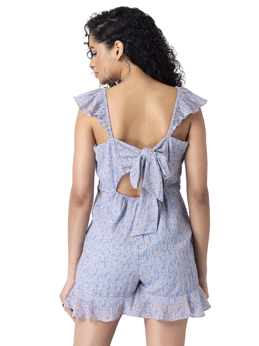 FabAlley Womens Powder Blue Floral Smocked Ruffled Playsuit Jumpsuits, Blue, XS