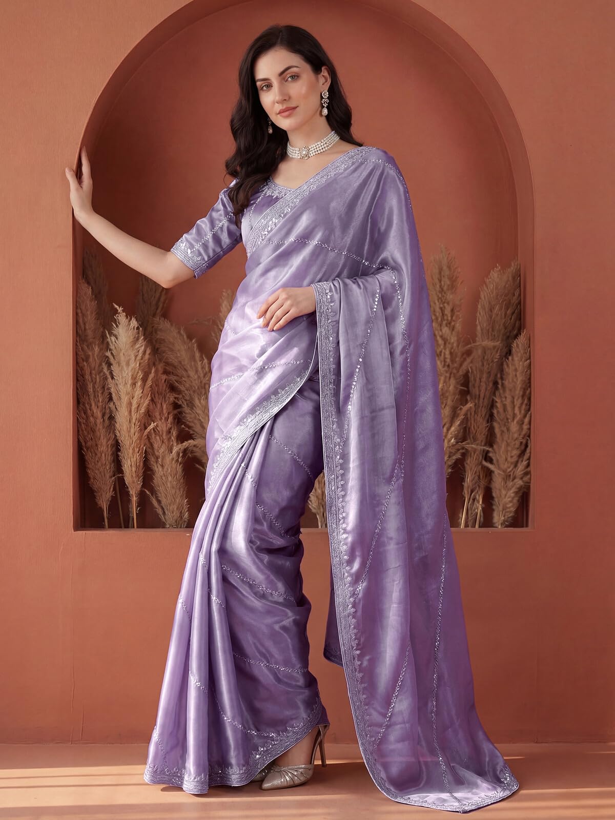 SIRIL Women's Tissue Silk Sequin Embroidery Saree with Unstitched Blouse Piece (4472S111A_Dusty Light Purple)