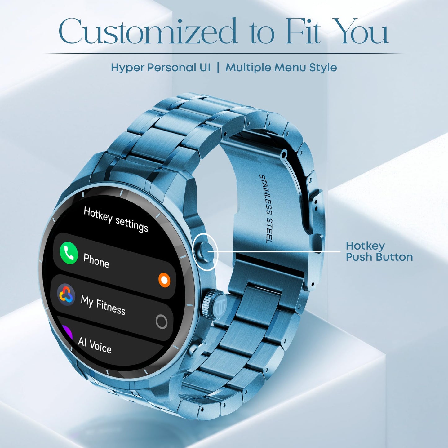 Titan Heritage 1.43" AMOLED Stainless Steel Bracelet Smart Watch for Men, BT Calling, Voice Assistant, Quick Health Measurement, Functional Crown, 3D UI, 60Hz Display, Fast Charging (Blue)