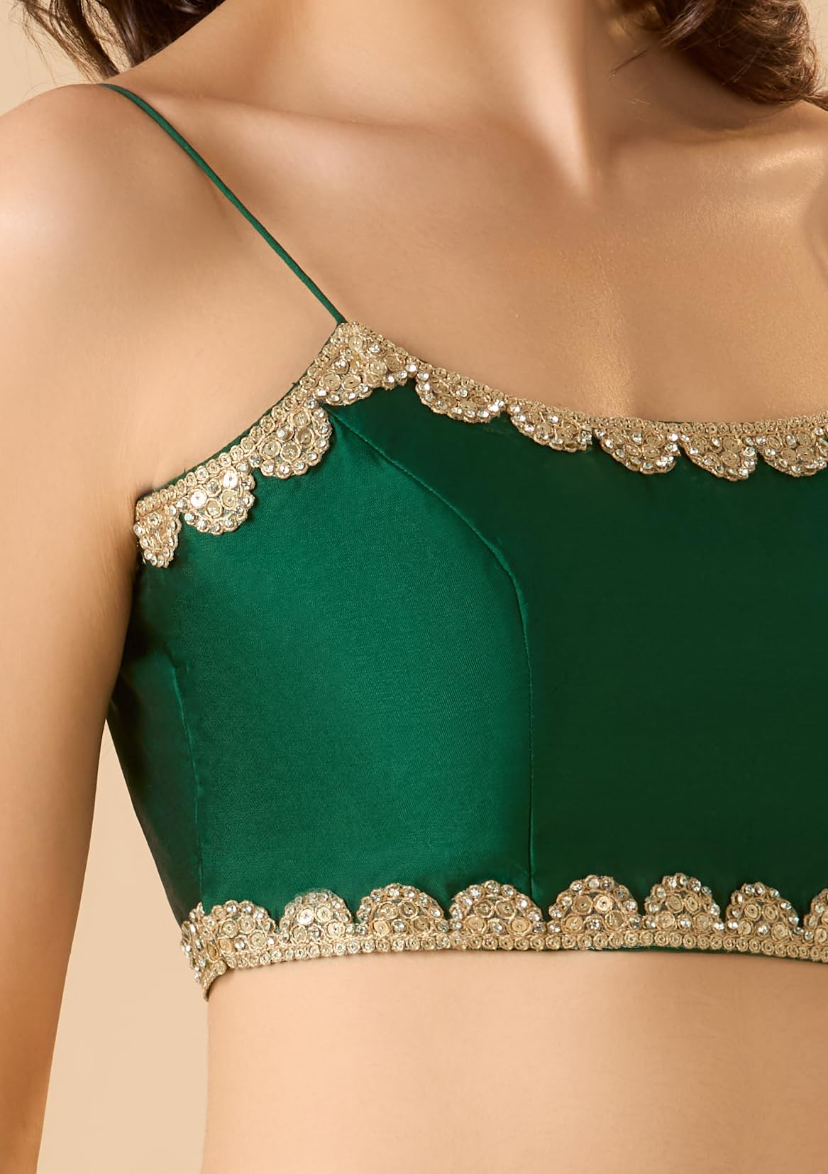 S SALWAR STUDIO Green Taffeta Silk Spaghetti Readymade Blouse
