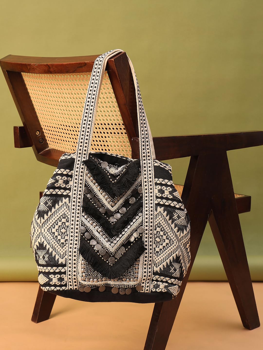 PRIMROSE Boho Beach Tote Bag (Black and Beige)