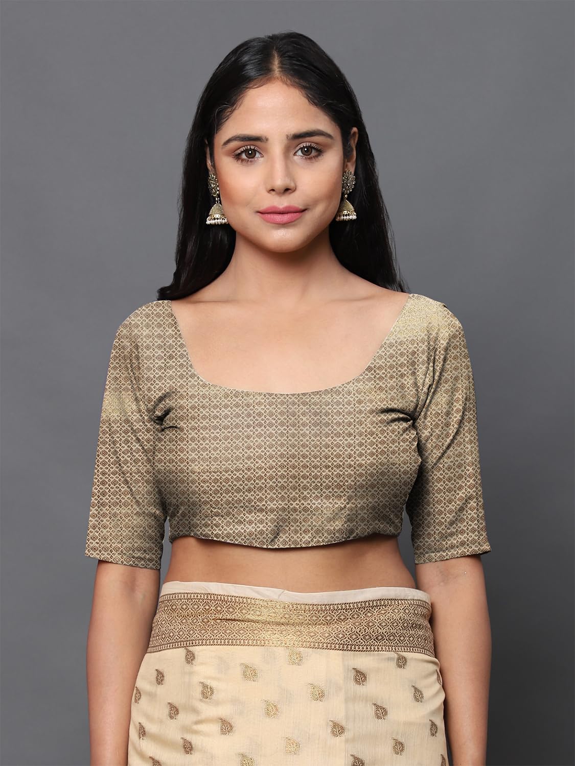 leeza store Women's Khaki Cotton Silk Blend Golden Zari Tree Pattern Border Rich Pallu Banarasi Saree With Blouse Piece