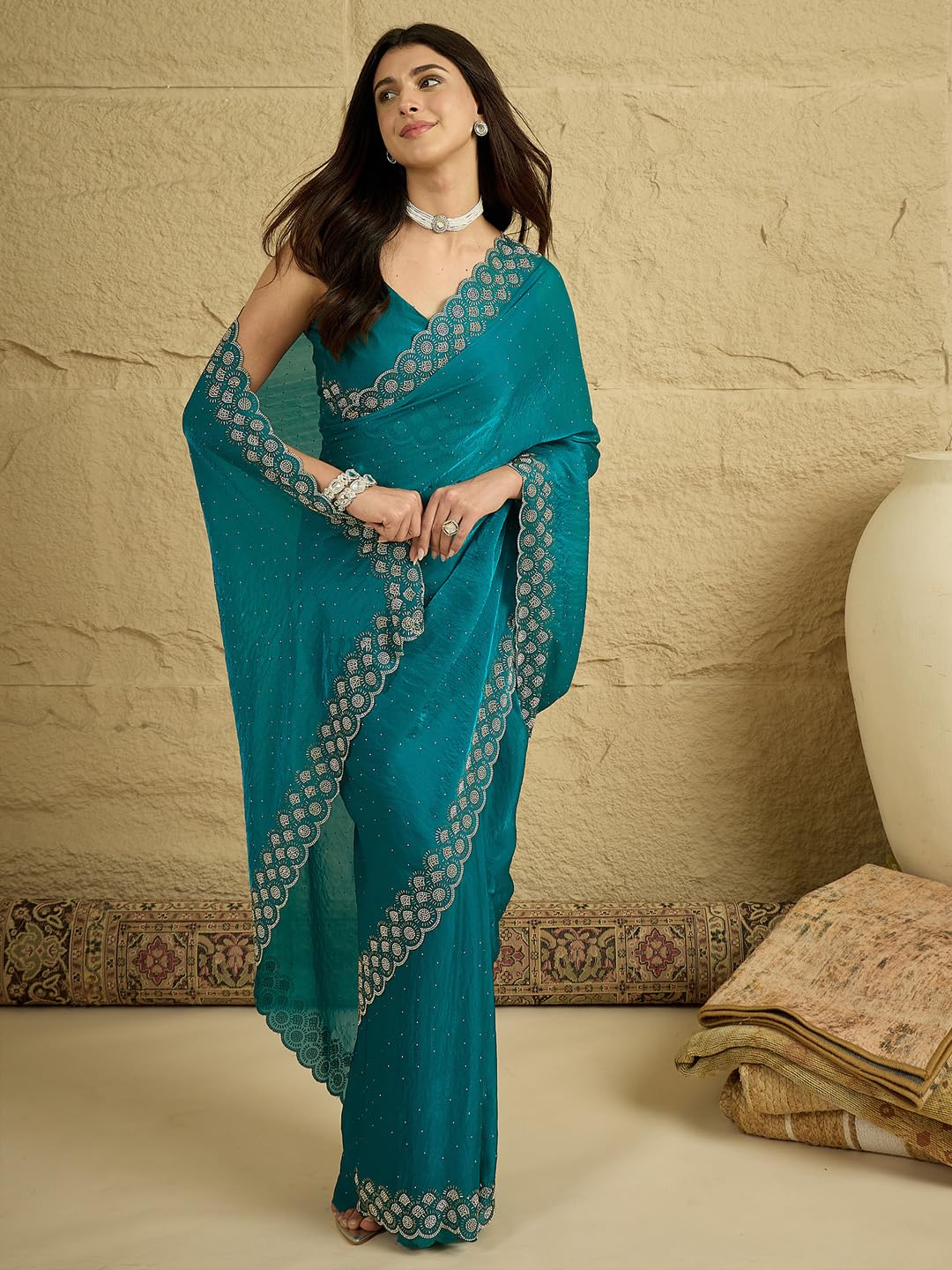 AKHILAM AKHILAMWomen'sTealblueSatinSilkBeads&StonesWorkScallopedBorderSareeWithUnstitchedBlousePiece|sareeforwoman|DesignerSareeforWomen|Soft and Skin Friendly(VT6074B_VM)