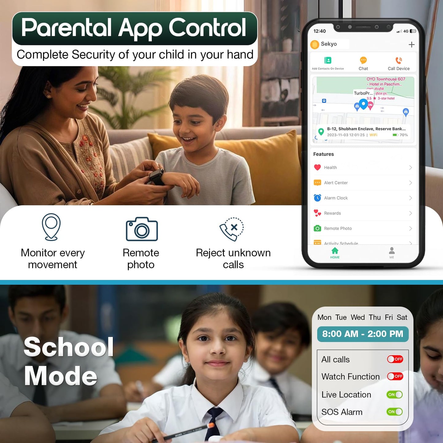 Sekyo 'Neo AI' Kids Smart Watch with AI Learning Coach | Whatsapp, Video Call, GPS Tracker, Activity Tracker, Habit Coach |App Store, Edu-Games, Step Counter, Camera, SOS, 4G/5G Sim Card |Parental App