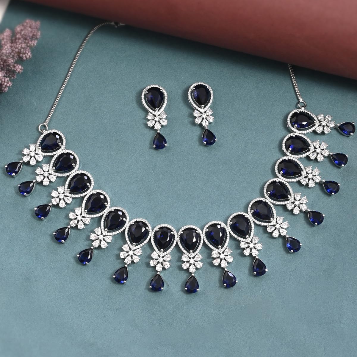 VOYLLA Cz Elegance Blue Teardrop Zircons Jewellery Set For Women|Womens Jewellery Set|Gift For Women|Womens Gift|Gift For Her|