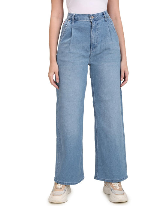 U.S. POLO ASSN. Women's High Rise Pleated Wide Leg Jeans (UWAW22JN063_Blue_32)