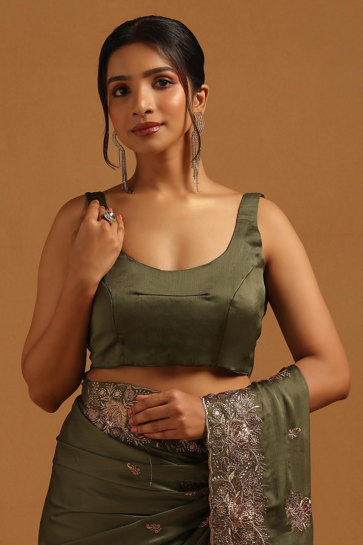 Soch Womens Green Fendy Chiffon Floral Saree With Stone Work