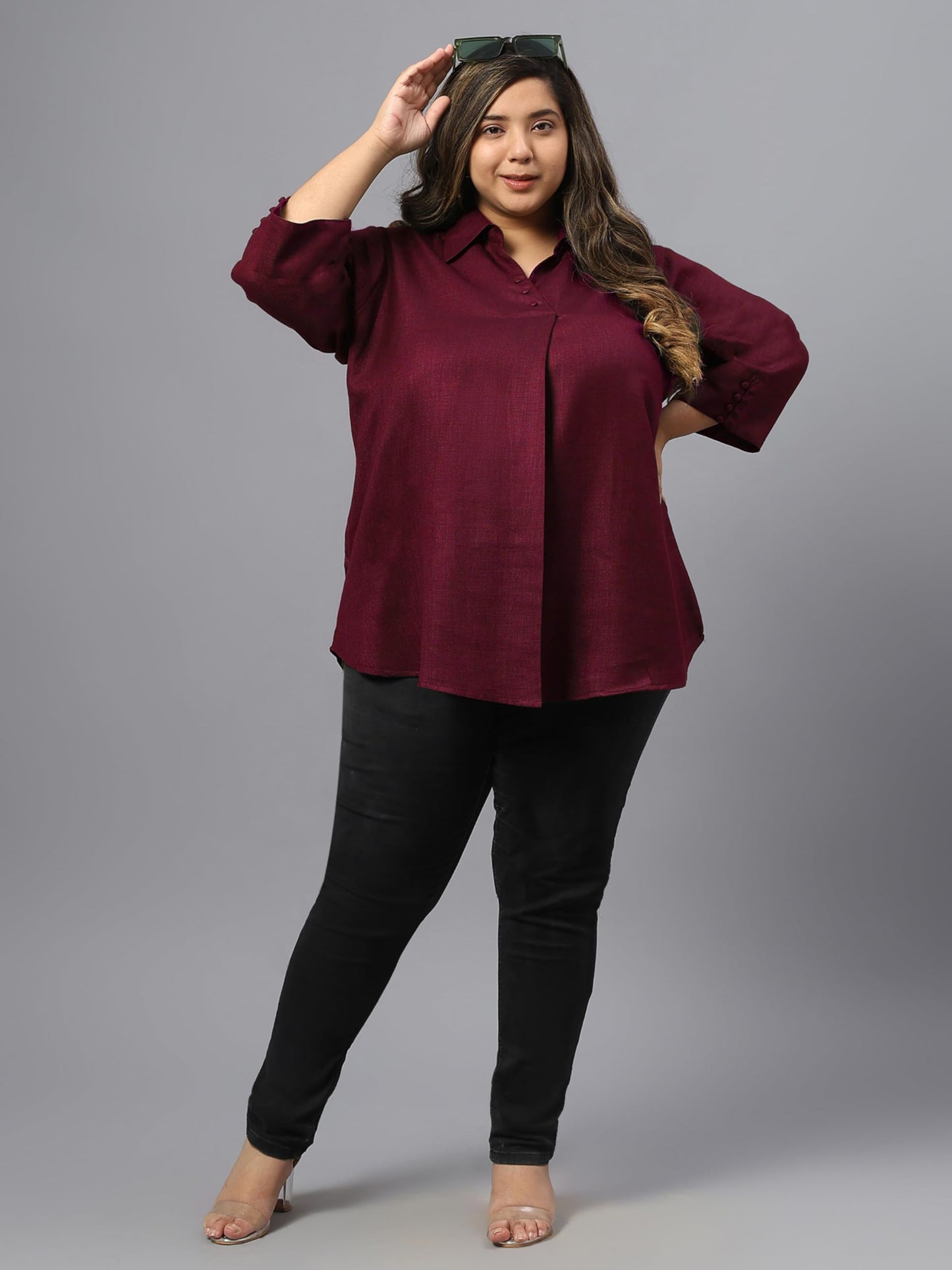 Indietoga Women Plus Size Silk Wool Blend Centre Pleat Winter Wear Tunic Tops (P10001668_Maroon Solid_XL)