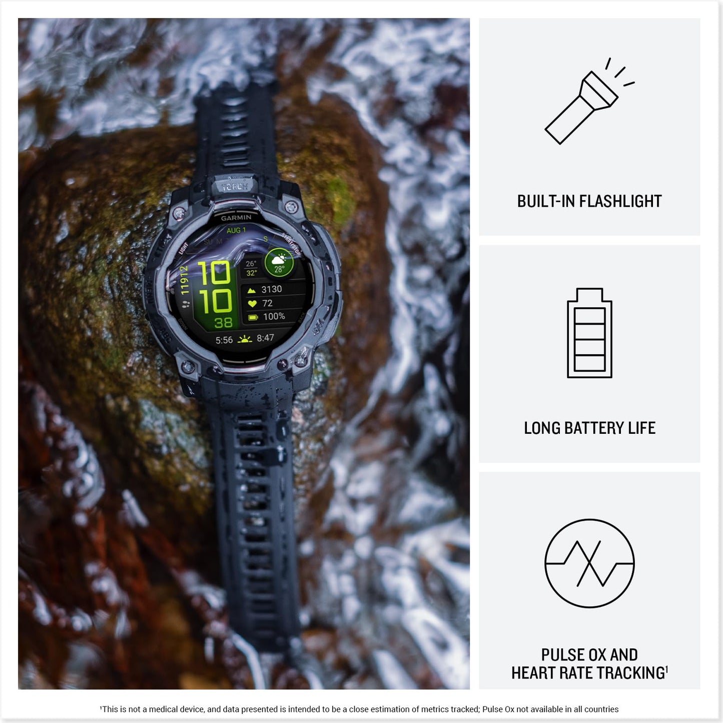Garmin Instinct® 3 45mm, AMOLED Display, Rugged Outdoor GPS Smartwatch, Metal-Reinforced Bezel, Built-in Flashlight, Up to 18 Days of Battery Life, Black