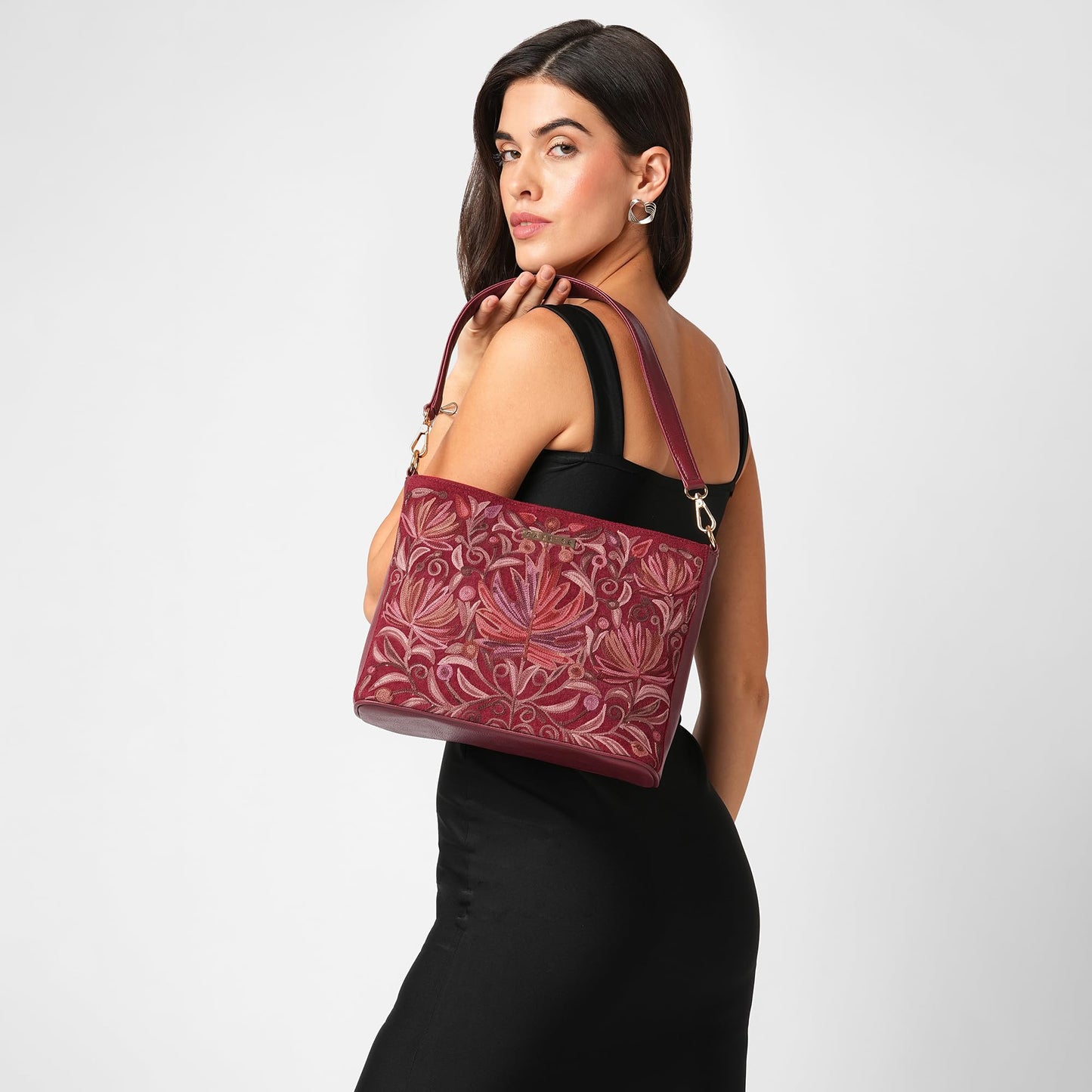 Caprese Siji Tresana Large Crossbody Bag for Women | Kashida Embroidery Sling with Adjustable & Detachable Strap, Secured Zip Closure | Stylish & Spacious Handbag for Everyday Use & Travel (Red)