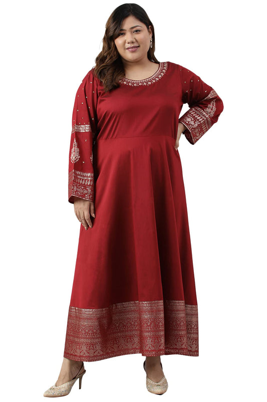 W for Woman Maroon Festive Plus Size Gown with Embroidery on Neck and Sleeves_22AUW18361G-217627_4XL
