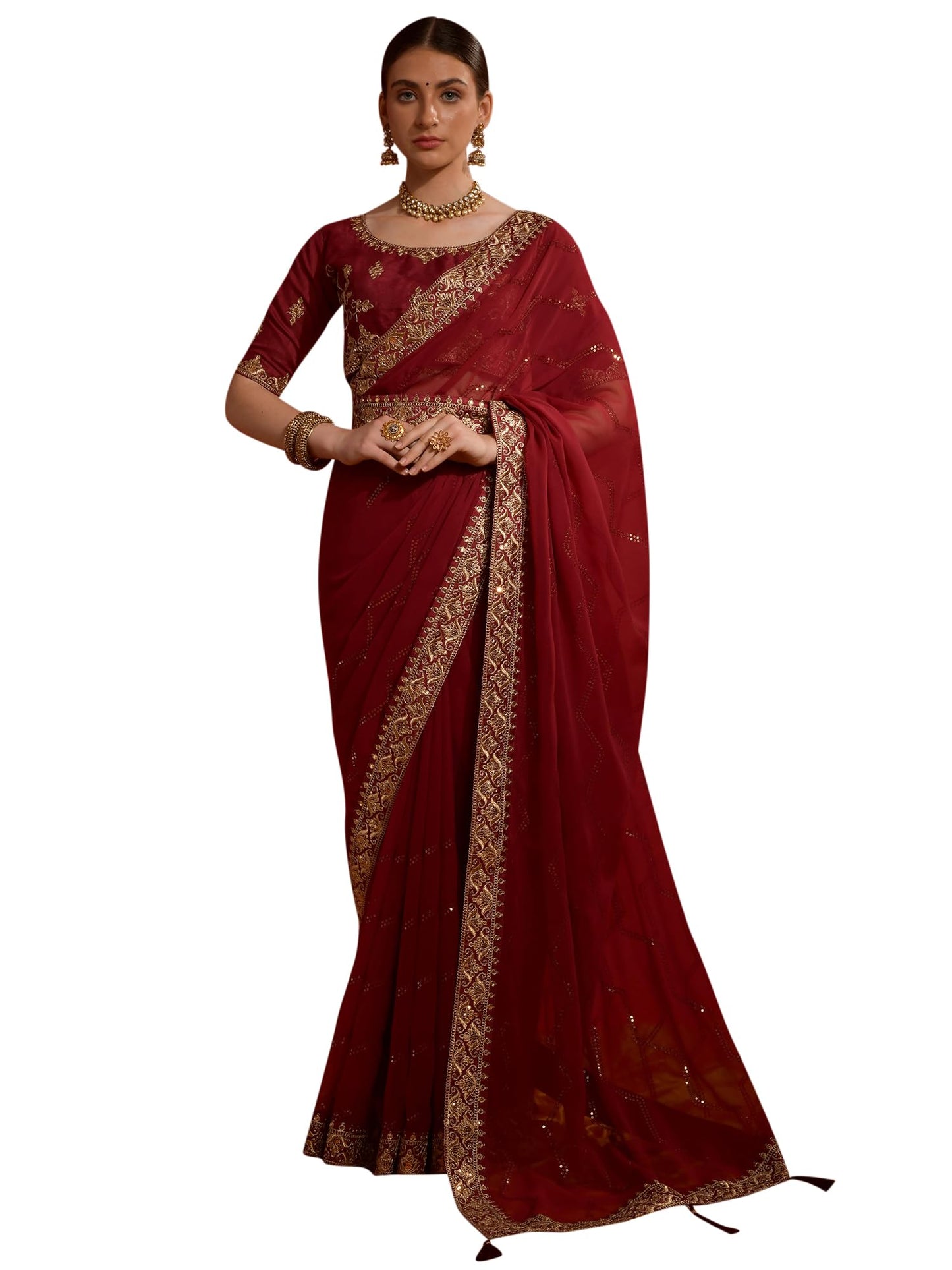 AKHILAM Women's Embellished Embellished Printed Georgette Saree With Unstitched Blouse Piece, Maroon