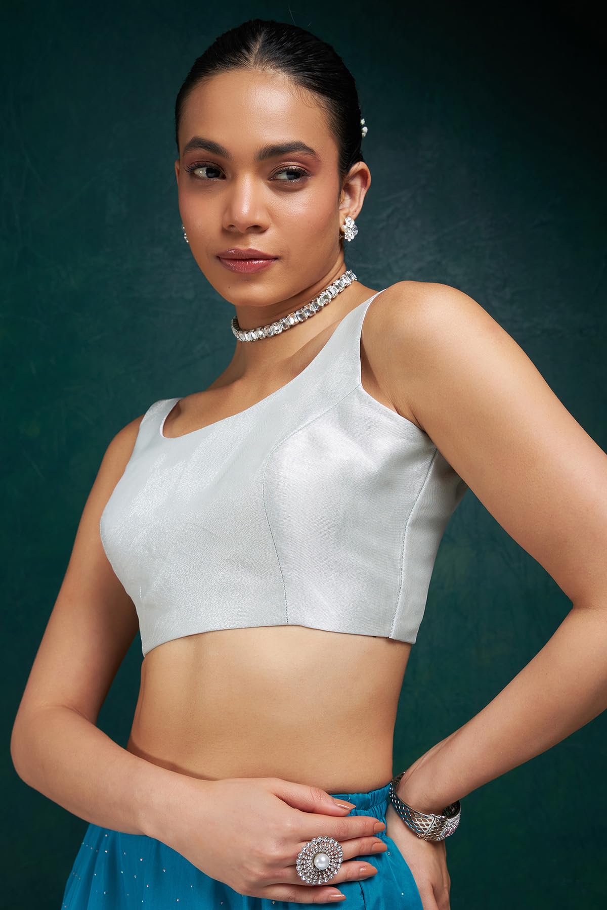 Soch Women's Tissue Sleeveless Regular Fit Blouse (BLSLGRY00243B_Silver 40)