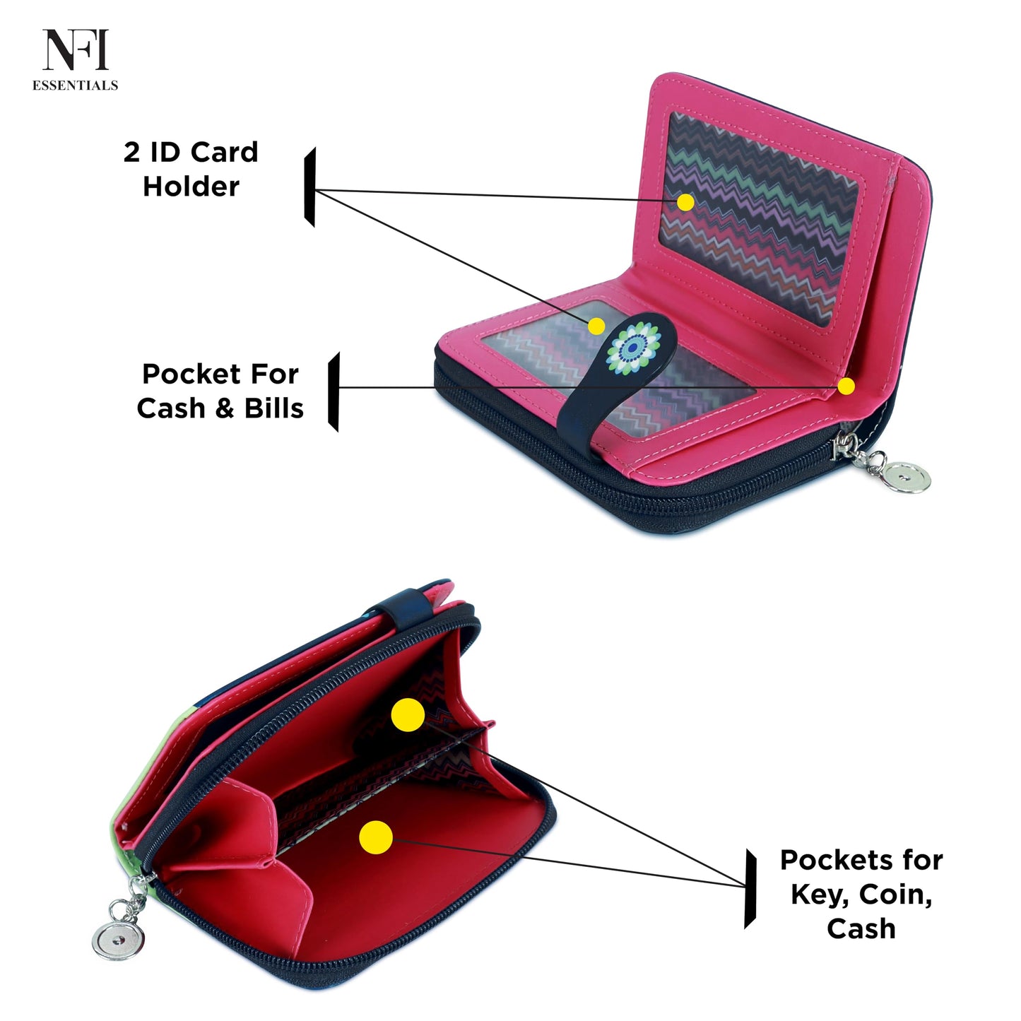 NFI essentials Small Wallet for Women, PU Leather Printed Mini Wallet for Girls, Zipper Credit Card Holder Organizer Coin Purse for Girls (Dark Grey)