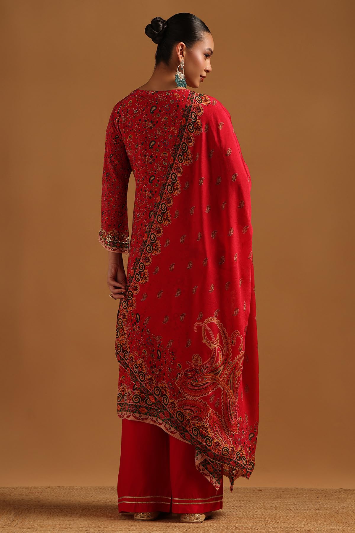 Soch Womens Red Crepe Paisley Print Salwar Suit With Beads And Stones