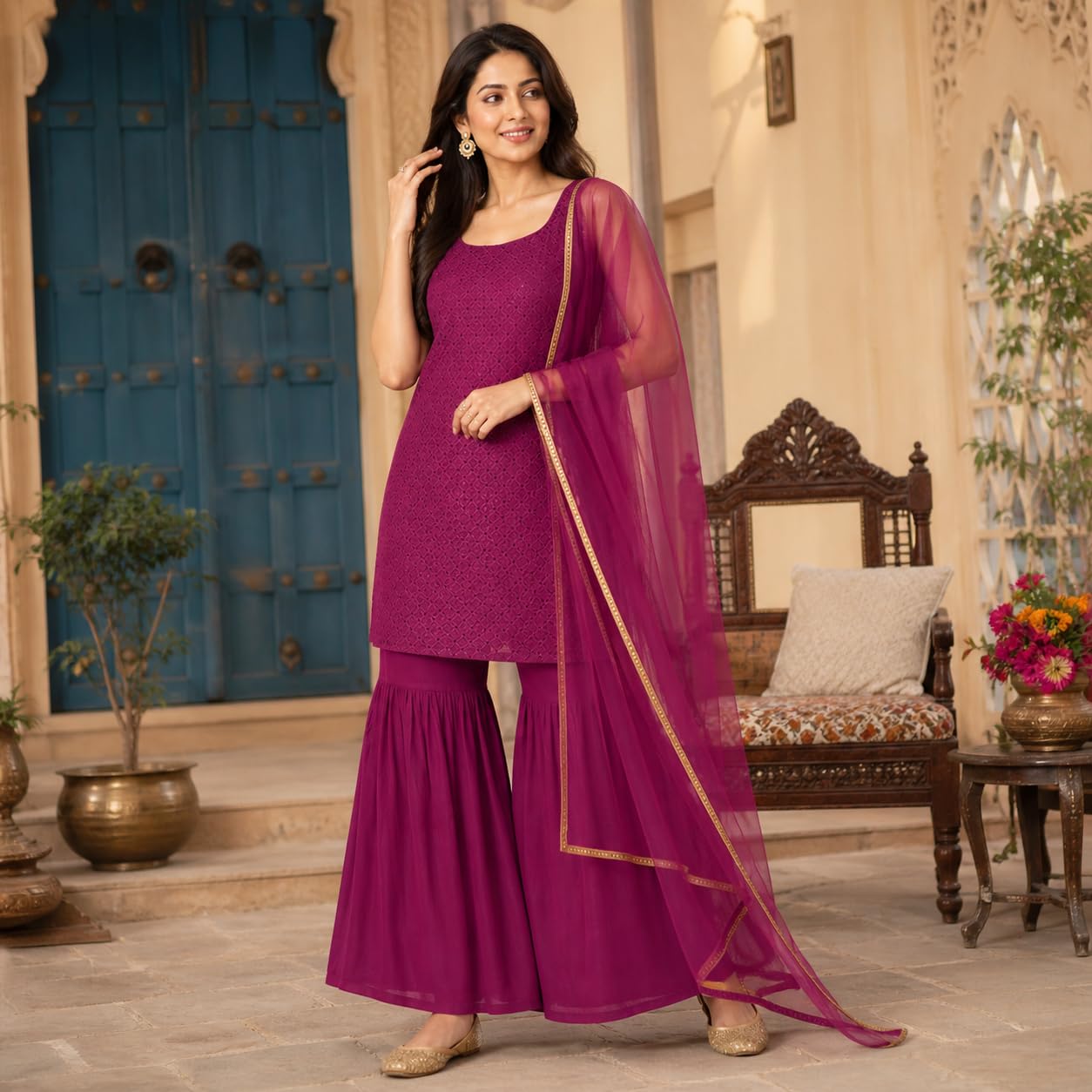 THIRD QUADRANT TQ Women's Rayon Blend Staright mirror work Kurta with Palazzo & Dupatta (IN, Alpha, M, purple)