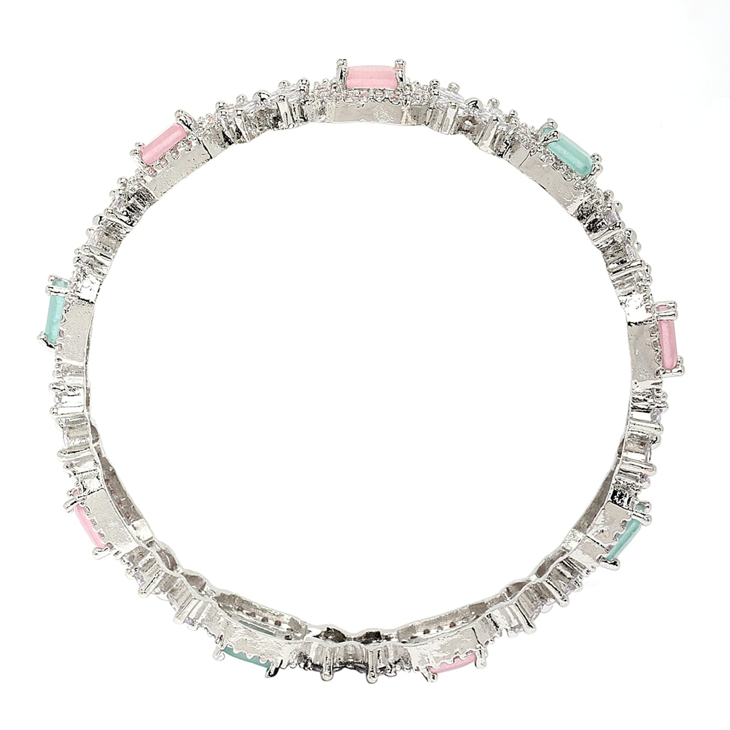 ZENEME Rhodium-Plated Silver Toned American Diamond Square Shaped studded Bangle Jewellery Set for Girls and Women (Set Of 2) (Design_01, 2.4)