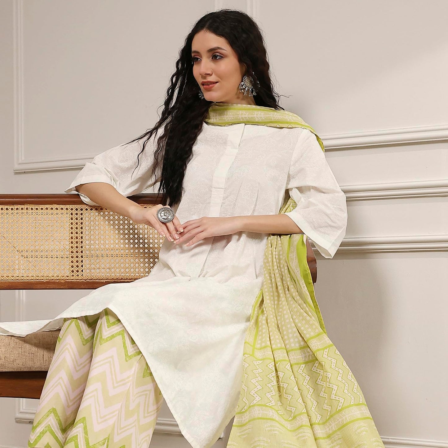 Biba Women's Green Cotton Straight Suit Set