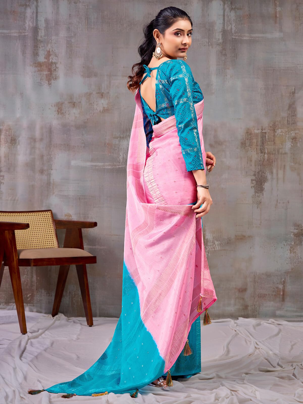 SIRIL Women's Chinnon Chiffon Tassels Jacquard Saree with Unstitched Blouse Piece (5302S1287_Light Pink)