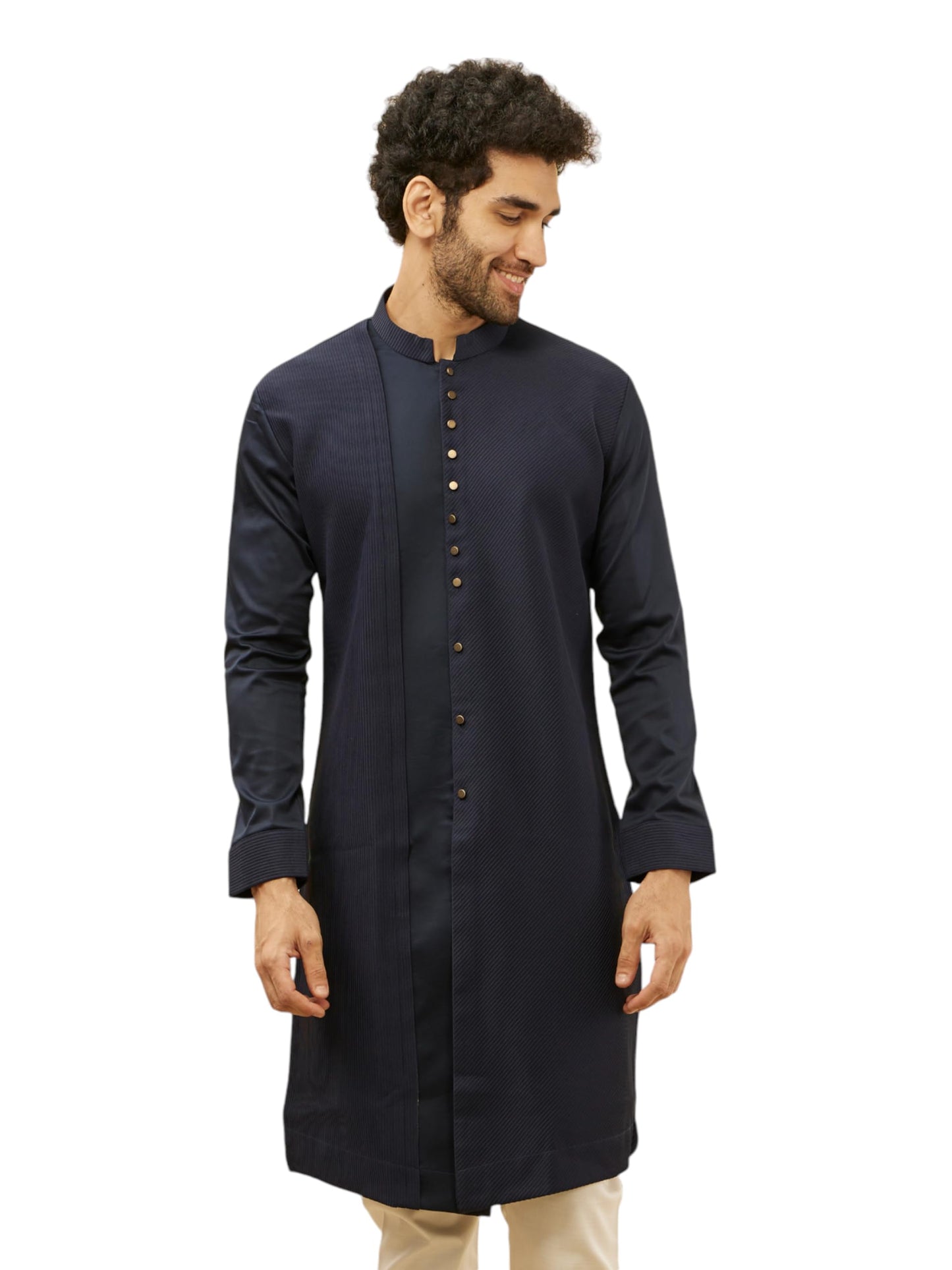 Manyavar Men's Navy Blue Textured Kurta (M)
