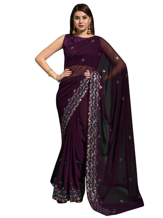 AKHILAM Women's Georgette Purple Embellished Designer Saree With Blouse Piece (CHNDANI20_VP)