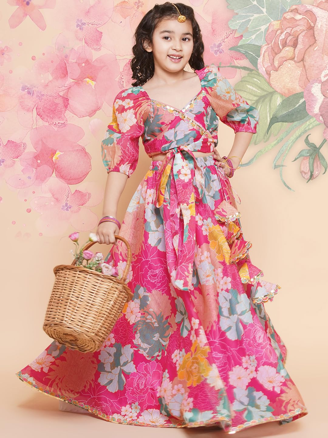 Bitiya by Bhama Girls Pink Flower Digital Multi Print Lace work Choli with Ready to wear Lehenga.