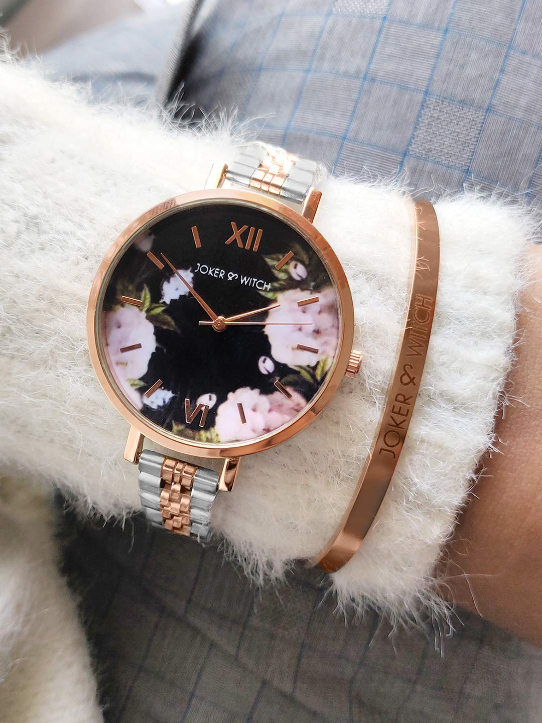 Joker & Witch Stainless Steel Jade Floral Dial Rosegold Analog Watch Bracelet Gift Set For Women, Silver Band