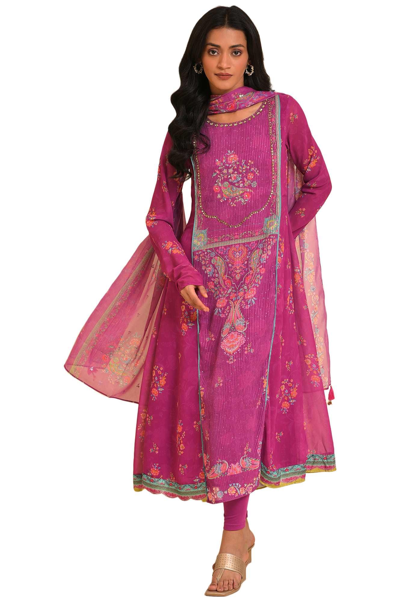 W for Woman Women's Polyester Kurta Set with Tight & Dupatta (23FESP11306-120928_Dark_Pink, Small)