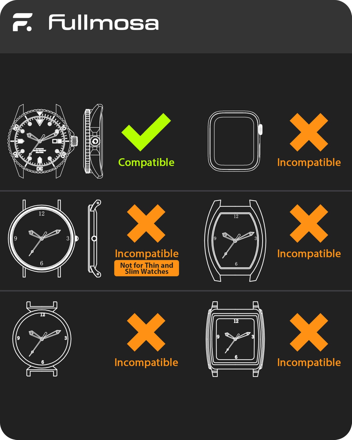 Fullmosa 20mm Rubber Watch Bands No Gaps Compatible for Samsung Galaxy Watch 7 6 5 4 40mm 44mm/6 Classic 43mm 47mm,Active 2 40mm 44mm,Fossil,Seiko(Black+Orange)[Watch NOT Included]