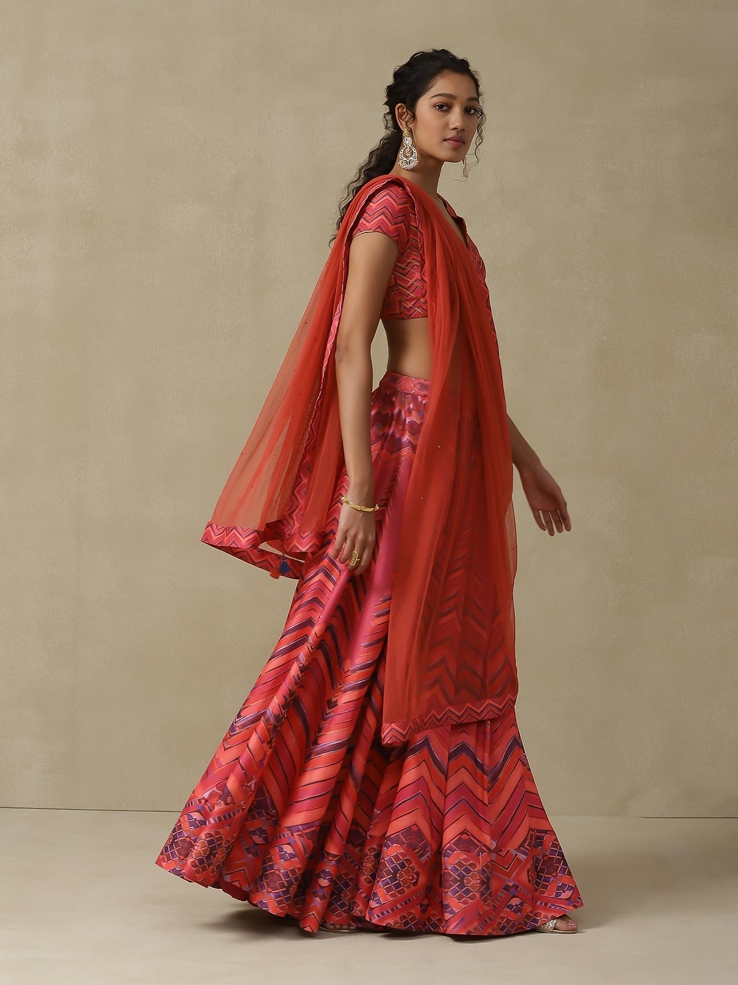 Aarke Ritu Kumar Pink Chevron Printed Lehenga With Blouse And Dupatta