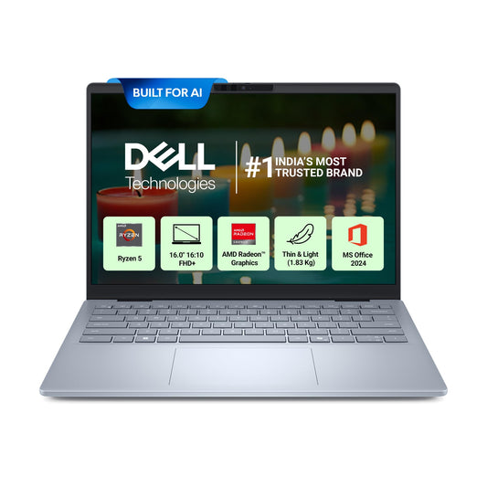 Dell 16 AMD Ryzen AI, R5-340 Processor, 16 GB LPDDR5X, 512 GB SSD, 16" (40.64 cm) FHD Plus, Win11+MSO 2024, Ice Blue, 1.83 Kg,AMD Radeon Graphics, 300 Nits IPS, Backlit+FPS Keyboard, AI Powered Laptop