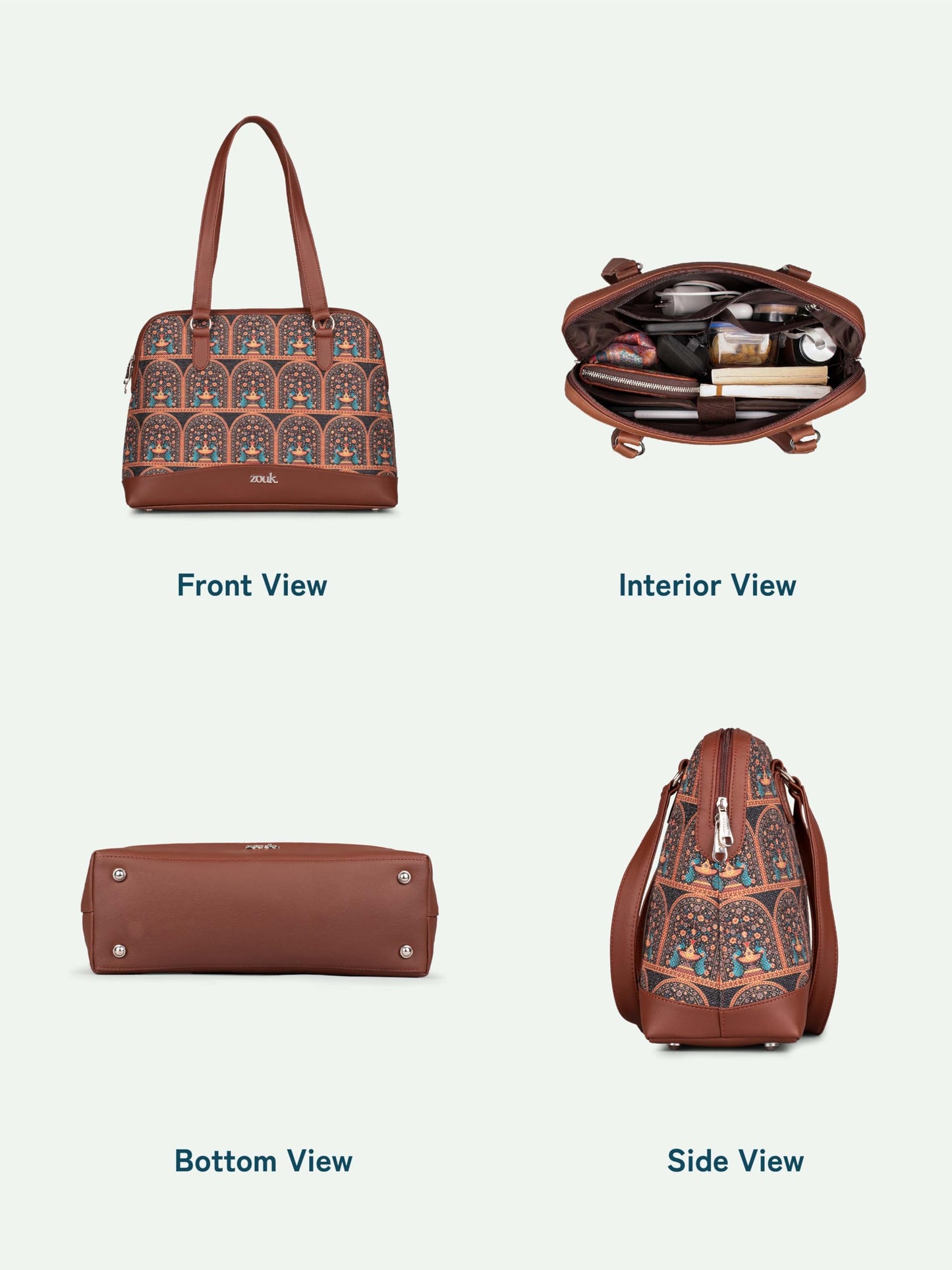 ZOUK Royal Indian Peacock Motif Carry All Work Bag | Jute | Vegan Leather Handcrafted Shoulder Bag for Women's & Girls | Teal