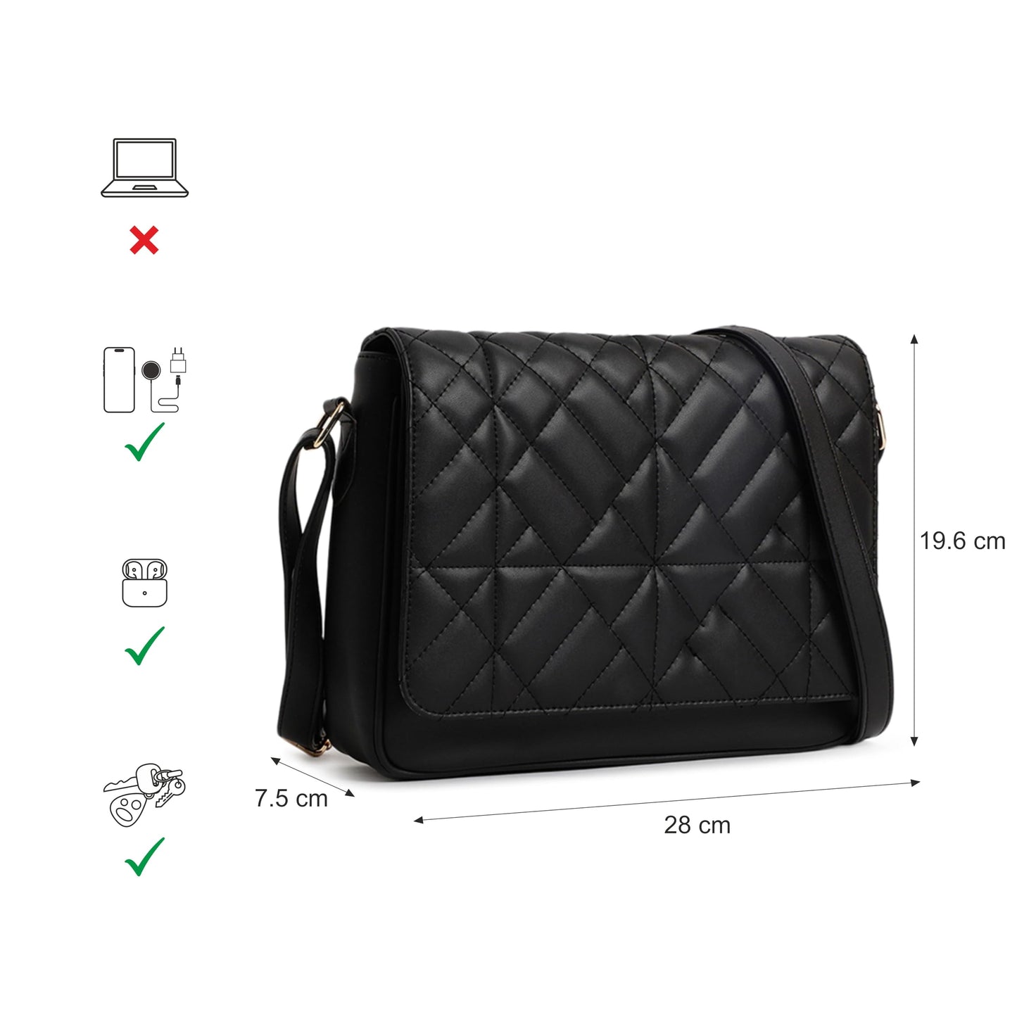 Fastrack Quilted College Messenger Bag For Girls | Made Up Of Premium Faux Leather,black