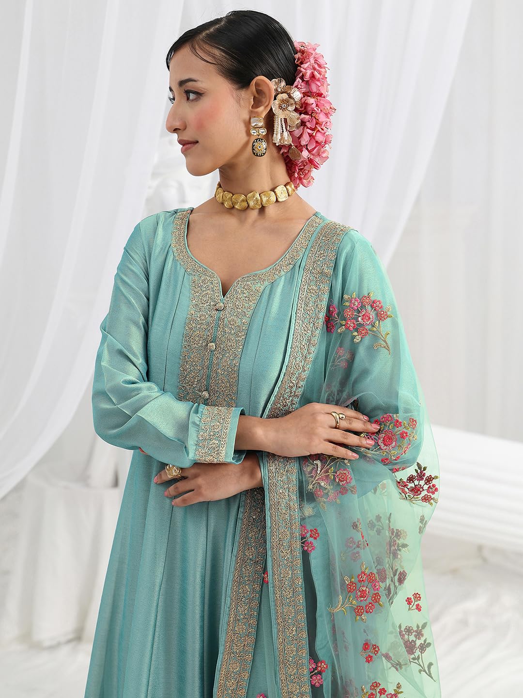 Libas Embroidered Silk Blend A-Line Ethnic Dress with Dupatta-93613XL