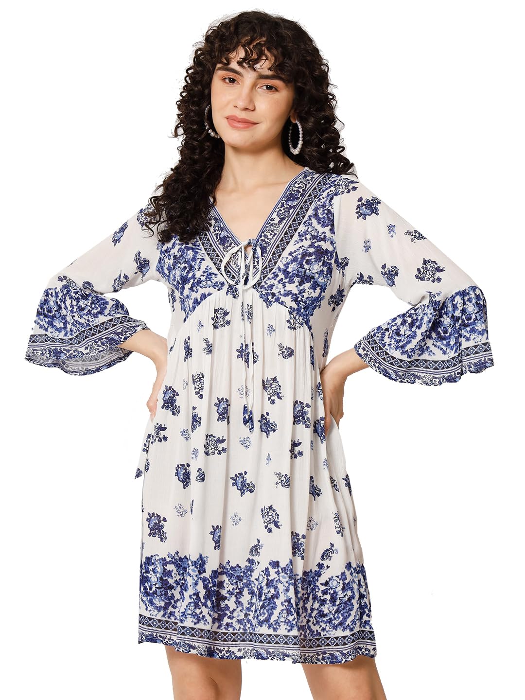 veldress21 Women Rayon Embroidered Round Neck Flare Maxi Dress Blue Summer Stylish