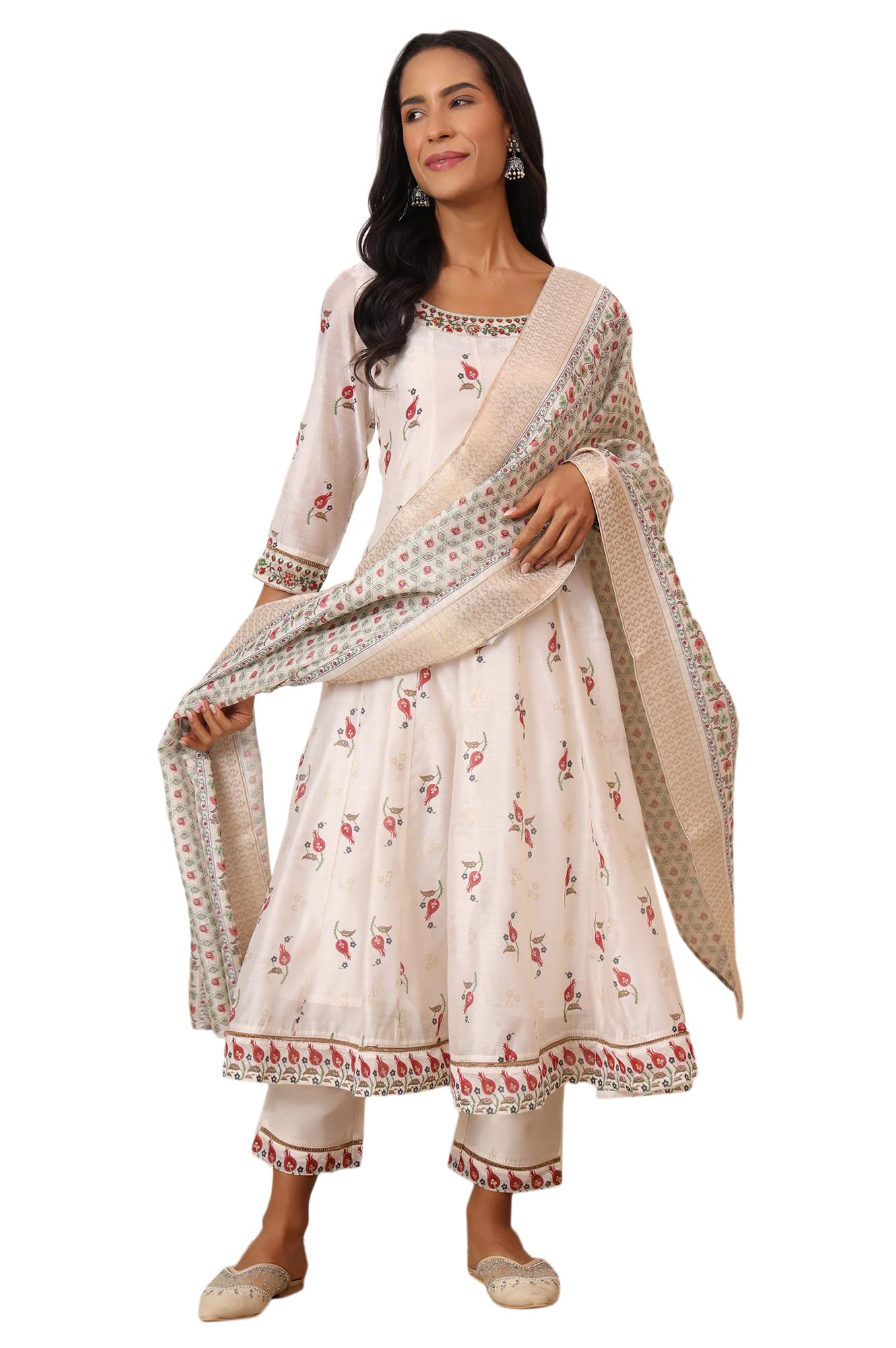 W for Woman White Floral Printed Chanderi Anarkali Kurta, Pants and Dupatta Set (Size: 2XL)-WS12119-124225