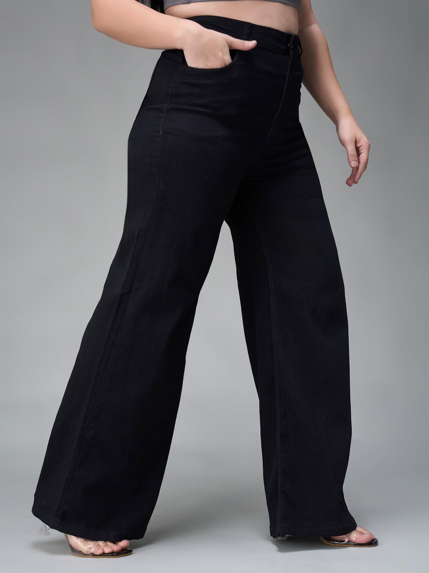 Miss Chase A+ Women's Wide Leg High Rise Regular-Length Stretchable Denim Jeans (APSS23DEN12-53-884-30, Hematite Black, 30)