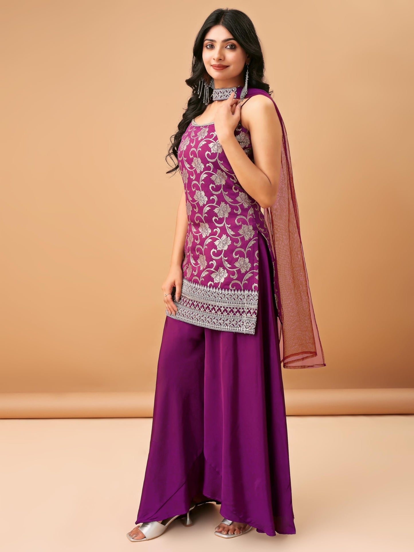 MAVIXA Women's Embroidered Kurta and Sharara with Dupatta | Wedding Suit | Kurta Set | (IN, Alpha, XL, Regular, Purple)