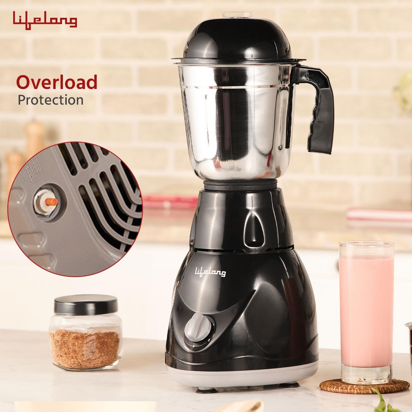 Lifelong LLMG23 Power Pro 500-Watt Mixer Grinder with 3 Jars (Liquidizing, Wet Grinding and Chutney Jar), Stainless Steel blades, 1 Year Warranty (Black)