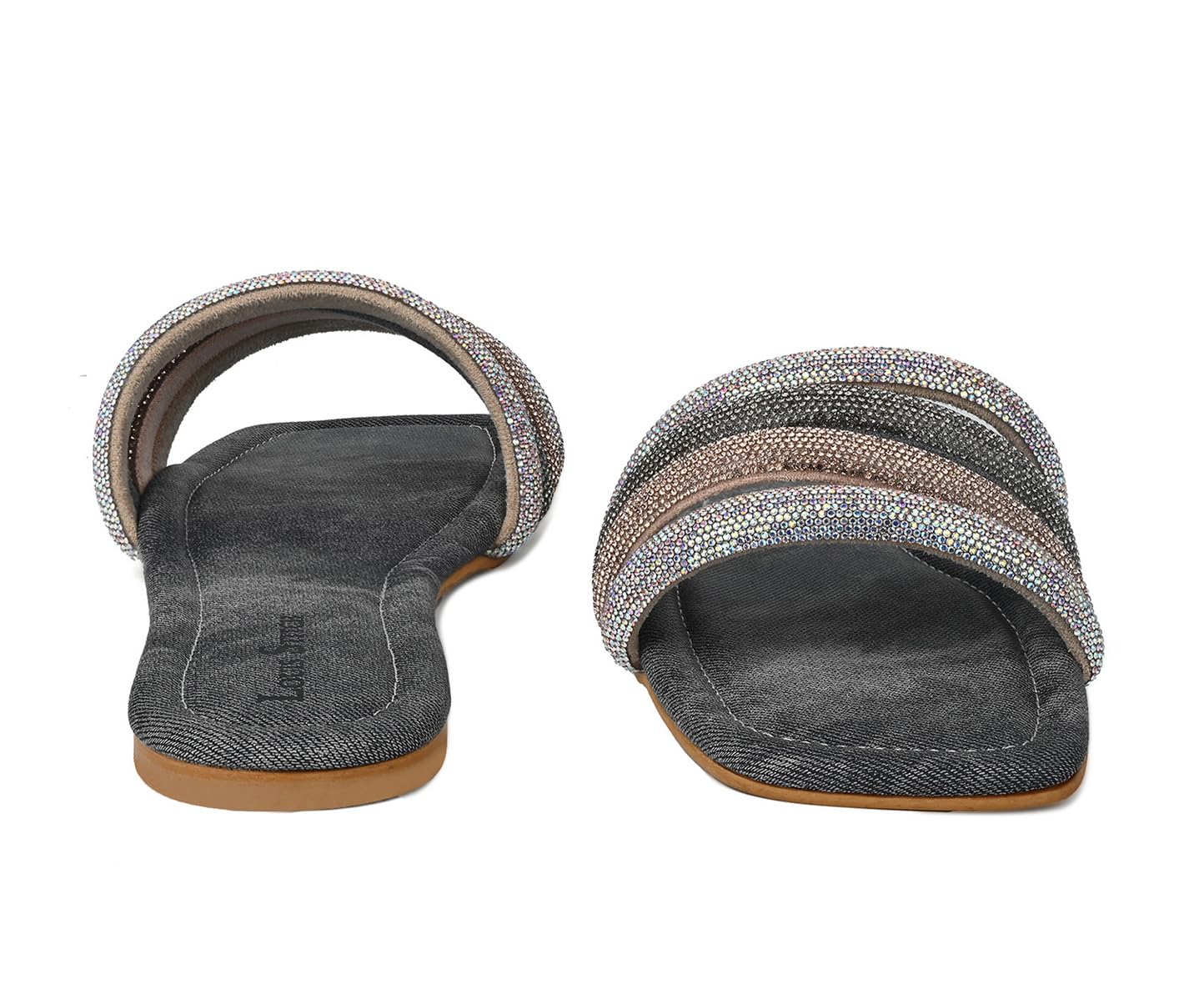 LOUIS STITCH Women’s Fashion Flat Slip-On Sandals | Open Toe Grey Glitter Strap Flat Slipper for Ladies, Comfortable Slipper | LSOF-LDSL-GLFSGY | (UK-5)