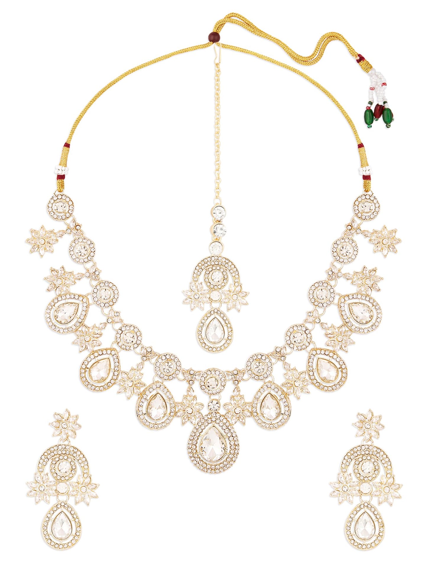 ZAVERI PEARLS Gold Tone Dazzling Stones Austrian Diamonds Necklace Earring & Maangtikka Set For Women-ZPFK18216
