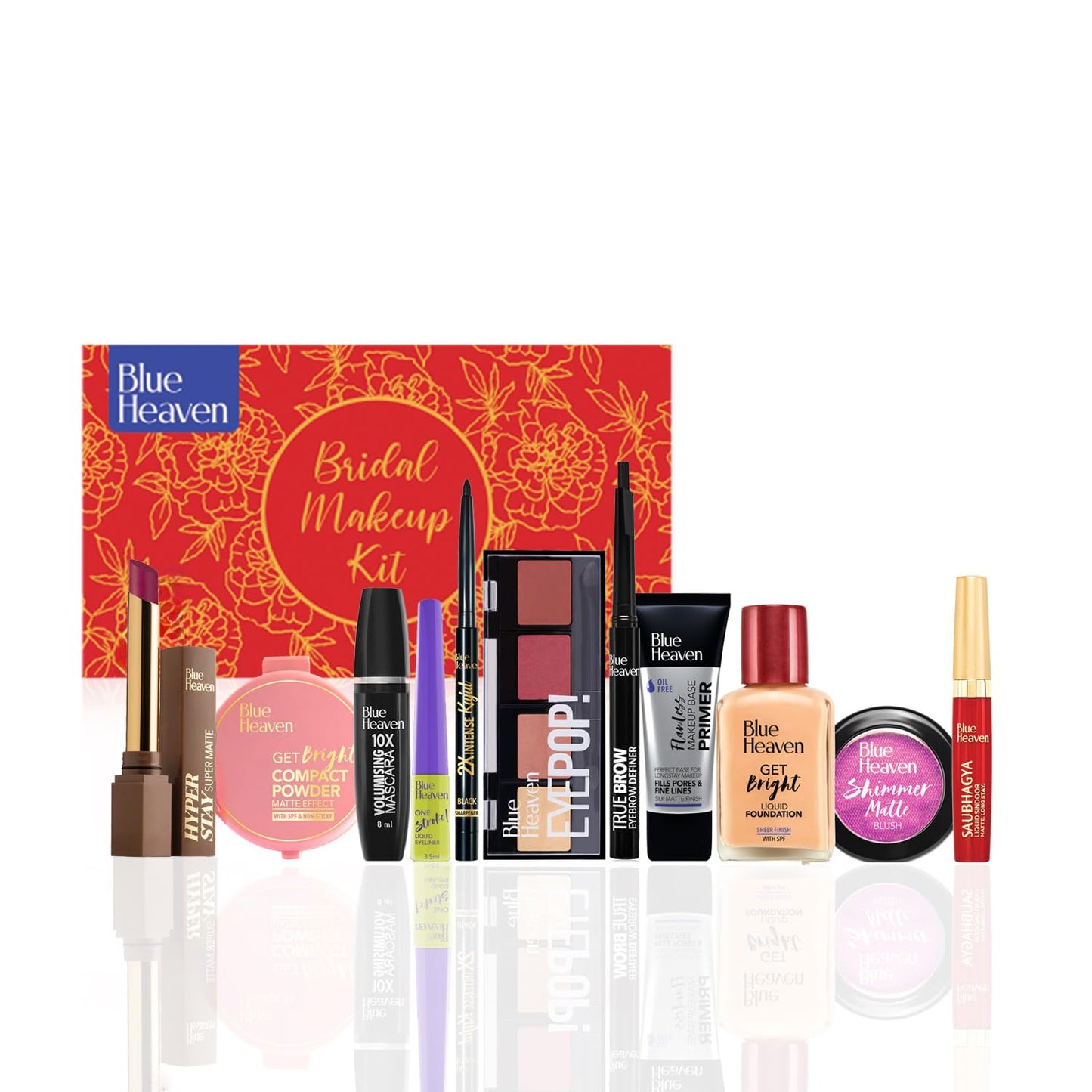 Blue Heaven All-In-One Bridal Makeup Kit for women | Pack of 11 | Primer, Foundation, Compact Powder, Eyebrow Definer, Eyeliner, Kajal, Mascara, Eyeshadow, Lipstick, Sindoor & Blush | 55.1g + 49.5ml