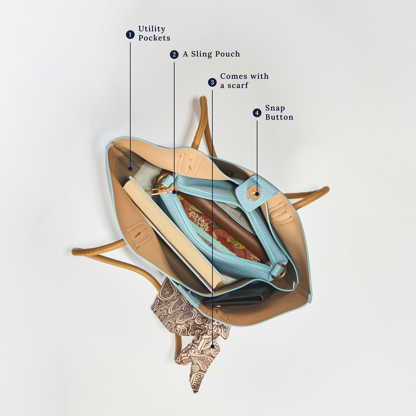 Chumbak Skies Tote with Shoulder Strap & Scarf | Powder Blue | Multipurpose Hand Bag with Pouch for Shopping | Hand Held Bag for Women and Girls | Solid Colour Handbag