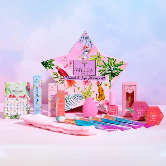 Whimsy Beauty 14-Piece Organic Makeup Kit for Girls & Teens|Real & Non-Toxic Beauty Set|Safe Toy Makeup with Lip Balm, Eye Glitter, Eyeliner, Lip Gloss & Mermaid Accessories|Birthday Gift for Kids 4-16 years